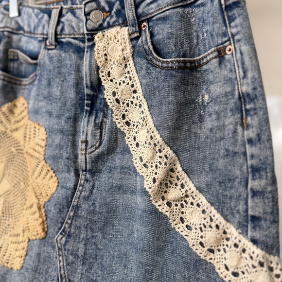 E Denim Mini Skirt Upcycled antique Lace Embellishments but EKA Erika Kelly - Picture 4 of 8